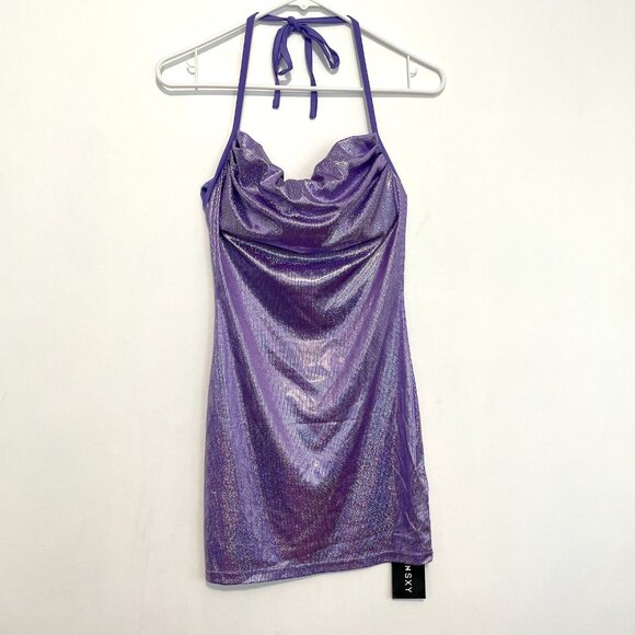NEW NWT SHEIN SXY Backless Ruched Halter Bodycon Dress Purple Silver Iridescent - Picture 2 of 16